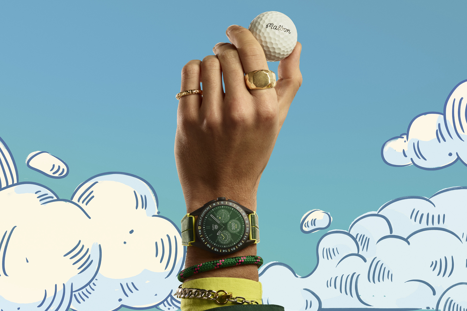 A Tag Heuer Connected Calibre E4 x Malbon Golf watch promotional image.
