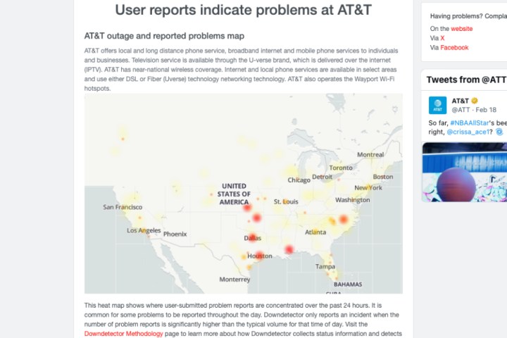 Down Detector website showing an outage map for AT&T on February 22, 2024.