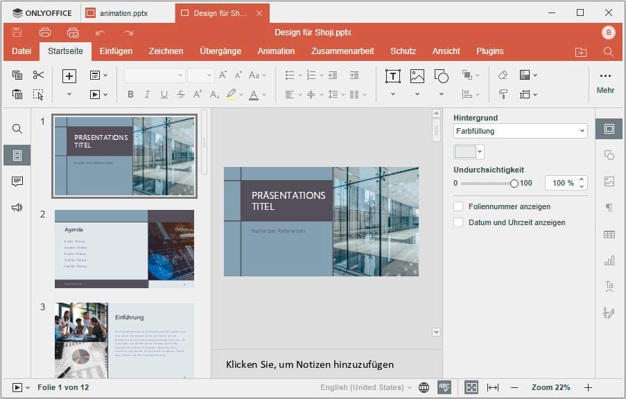 Vorlagen von Microsoft Powerpoint lassen sich sehr einfach in der Open-Source-Lösung verwenden und für die eigene Präsentation anpassen.