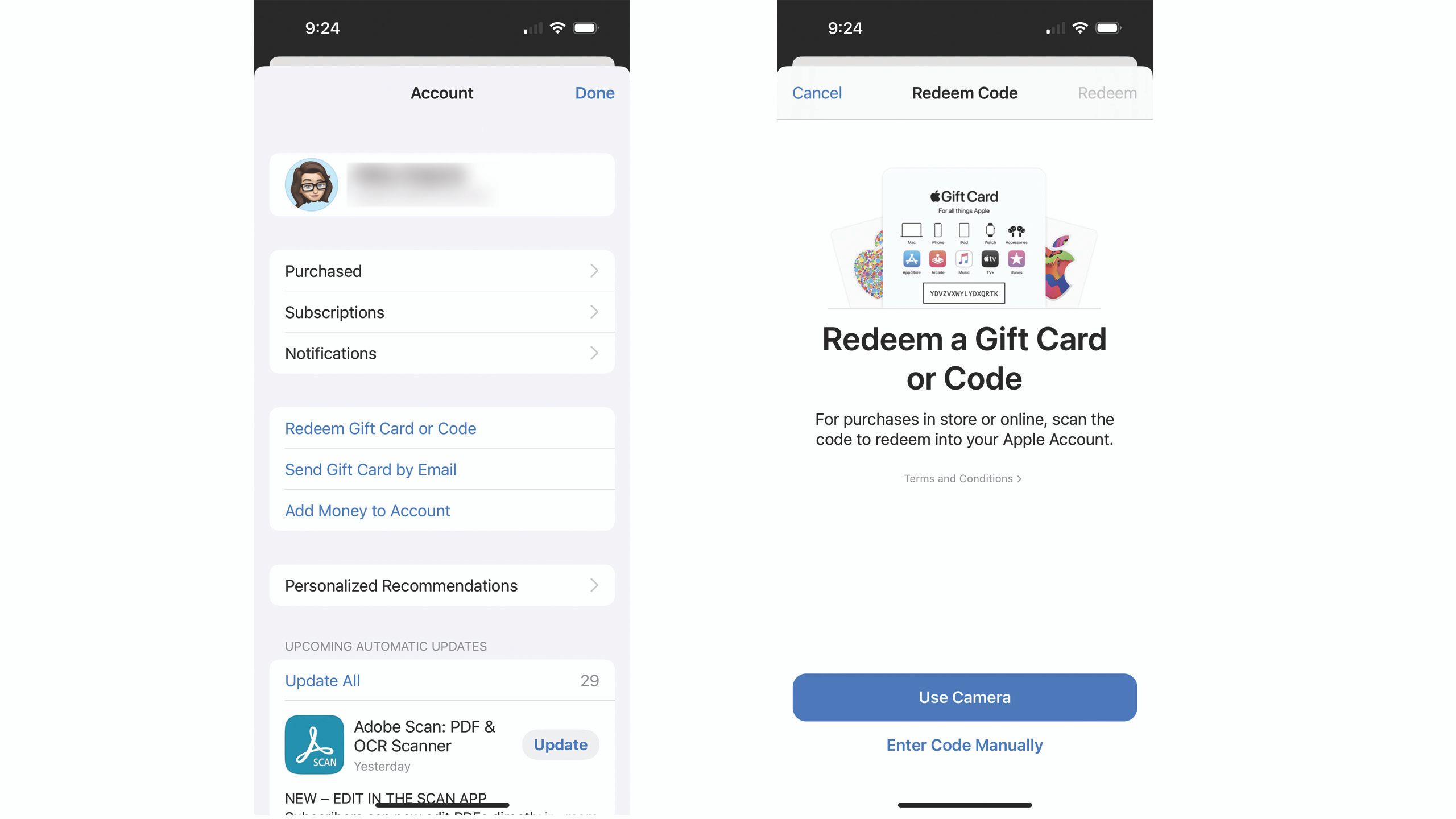 Screenshots of redeeming an Apple gift card on iOS