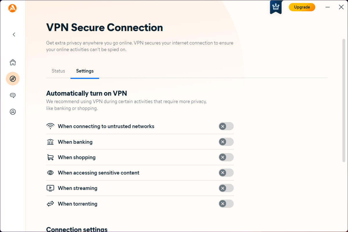 Avast One VPN Secure Connection settings screen