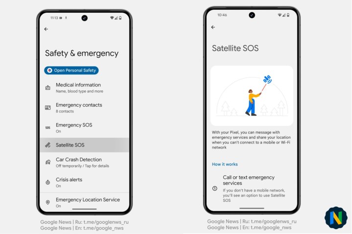 Screenshots of the Satellite SOS feature for Google Pixel phones.