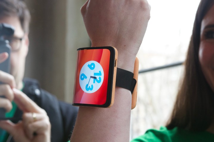 Someone wearing Motorola's concept folding phone on their wrist.