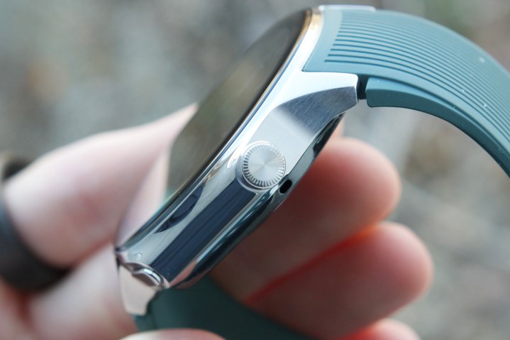 A close-up of the crown on the OnePlus Watch 2.