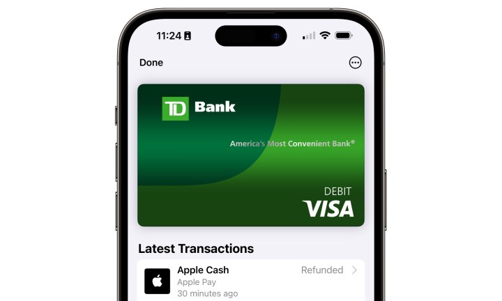 TD Bank Visa Debit card in Apple Wallet on iPhone.