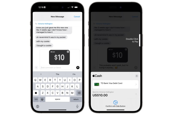 Sending $10 via Apple Cash in iPhone Messages app.