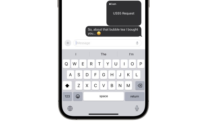Requesting $5 via Apple Cash in iPhone Messages app.