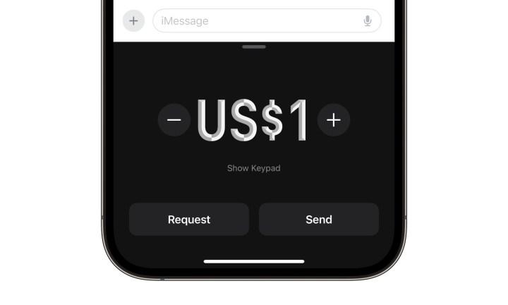 Requesting $1 via Apple Cash in iPhone Messages app.
