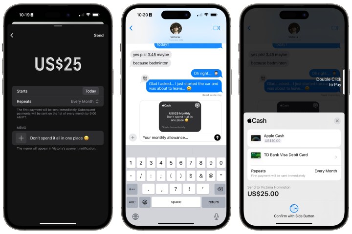 Three iPhones showing steps to set up recurring payments in Apple Cash.