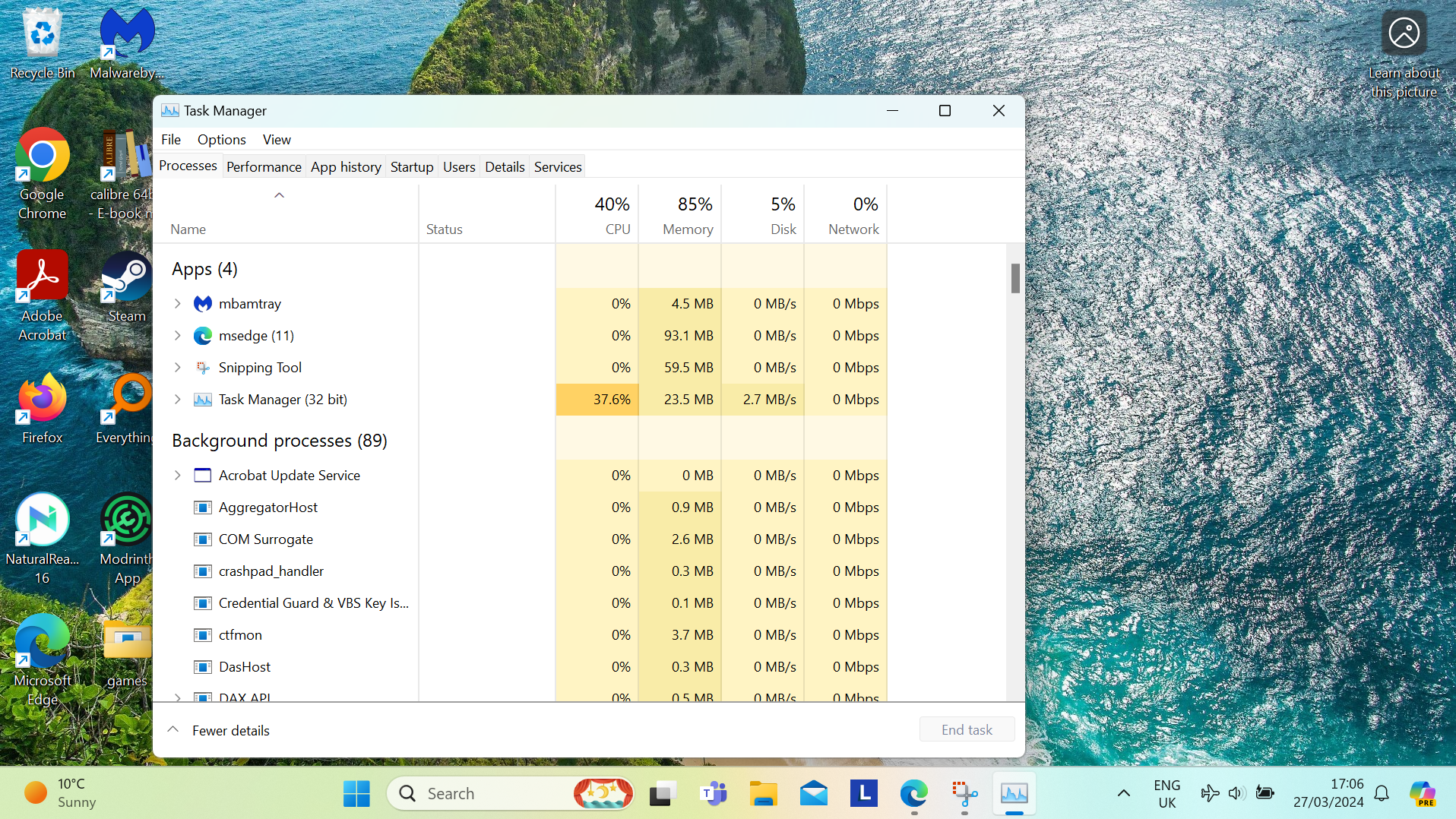 A screenshot featuring the older design of Task Manager