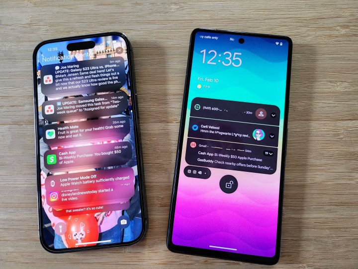 iPhone 14 Pro with iOS 16 notifications compared to Google Pixel 7 with Android 13 notifications