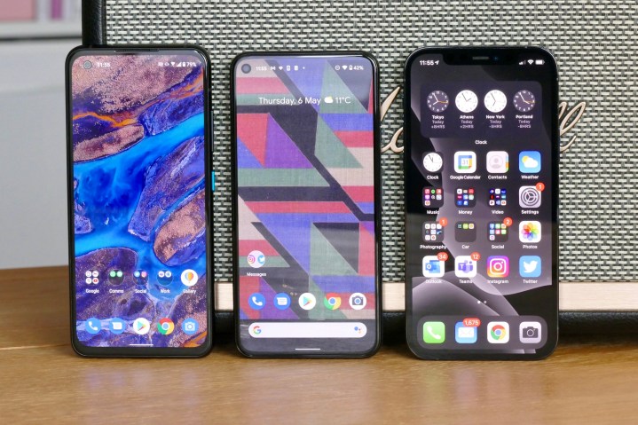 The Asus Zenfone 8, Google Pixel 5, and the iPhone 12 Pro.