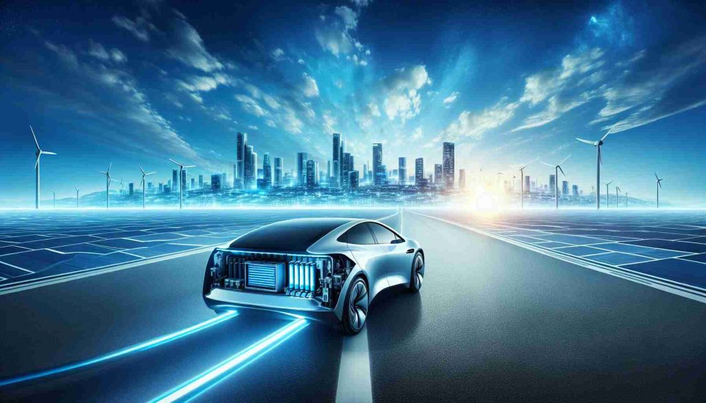 A high-definition, realistic image showing a metaphorical interpretation of driving into the future with the durability of electric vehicle batteries. The image captures a road stretching off into the horizon under a clear azure sky. On the road, visualize a sleek, modern electric car with visible battery unit, embodying the concept of continuity and endurance. The future is represented by a cityscape glowing with sustainable energy sources on the horizon line, giving a sense of direction and purpose. The color palette is rich in blues and whites, creating a fresh and futuristic atmosphere.
