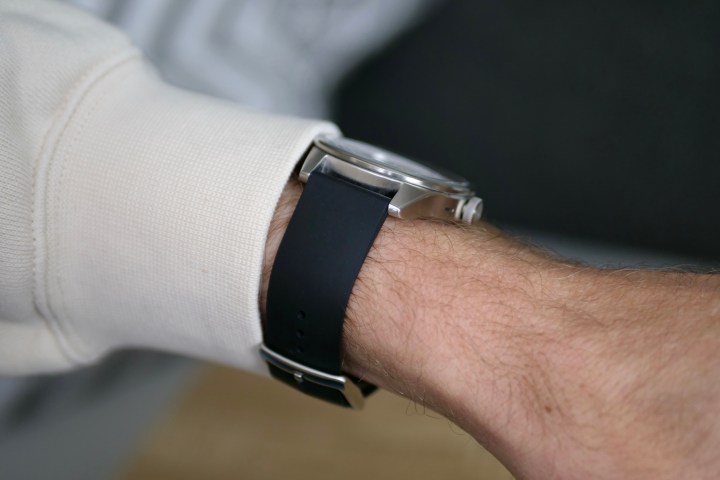 A person wearing the Withings ScanWatch 2, showing the profile size.