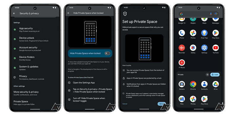 Screenshots showing the work-in-progress Private Space feature for protecting apps.