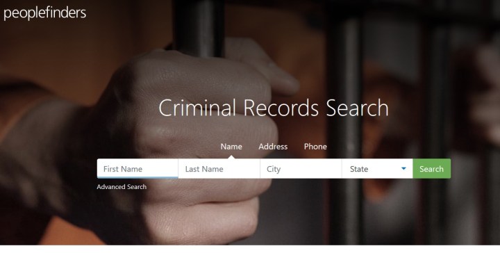The Peoplefinders website's Criminal Records Search screen.