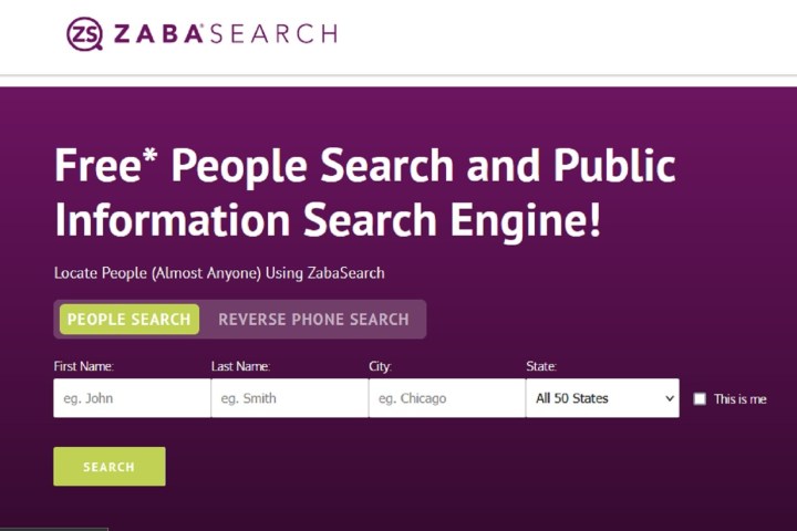The ZabaSearch website and its people search bar.