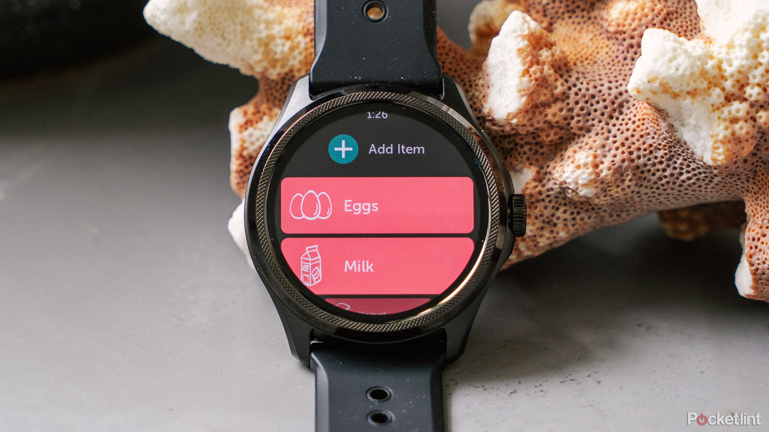 The Brong! Grocery Shopping List app is displayed on the TicWatch Pro 5.