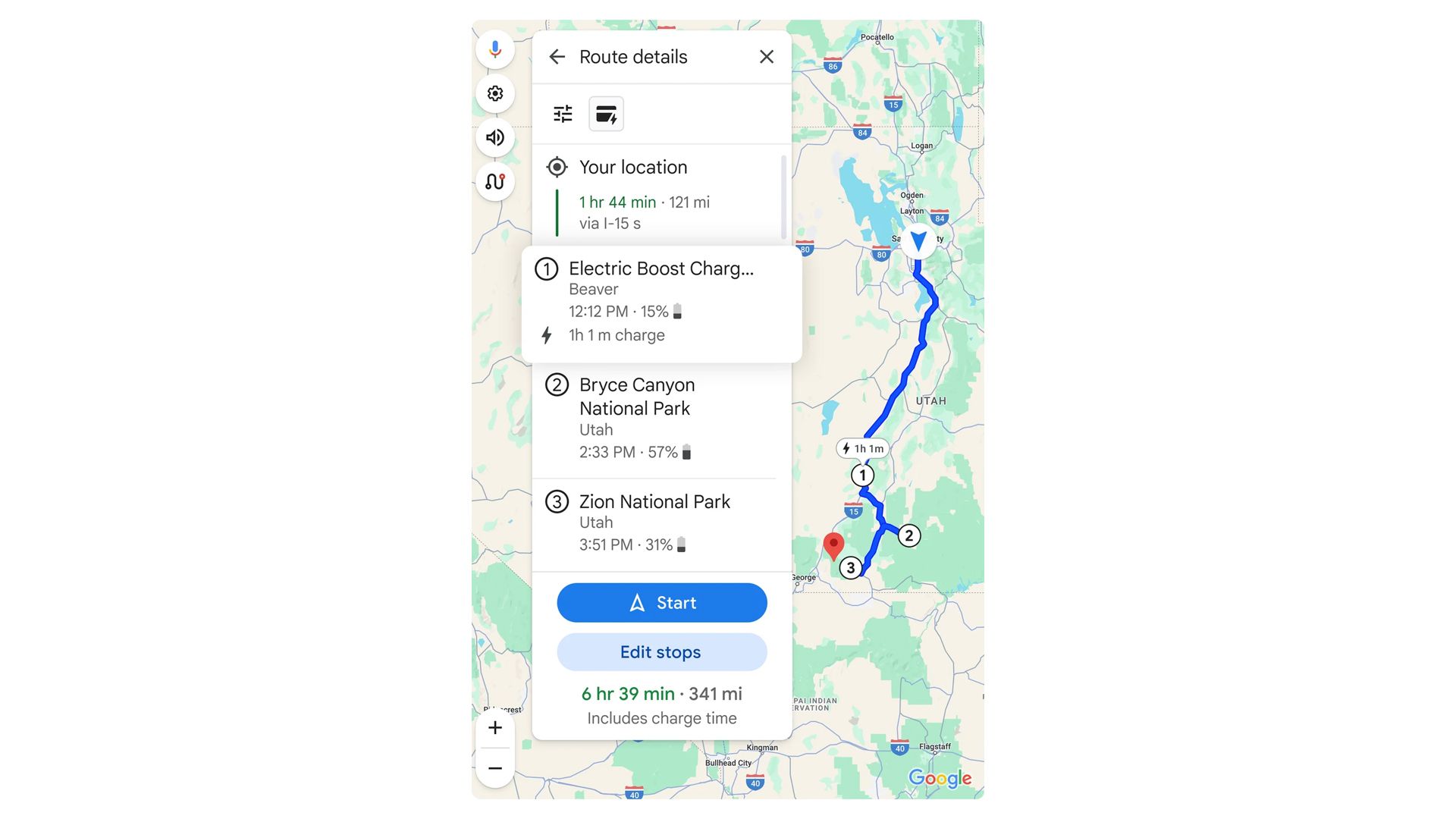 Plotting a multi-stop trip with EV charging in Google Maps.