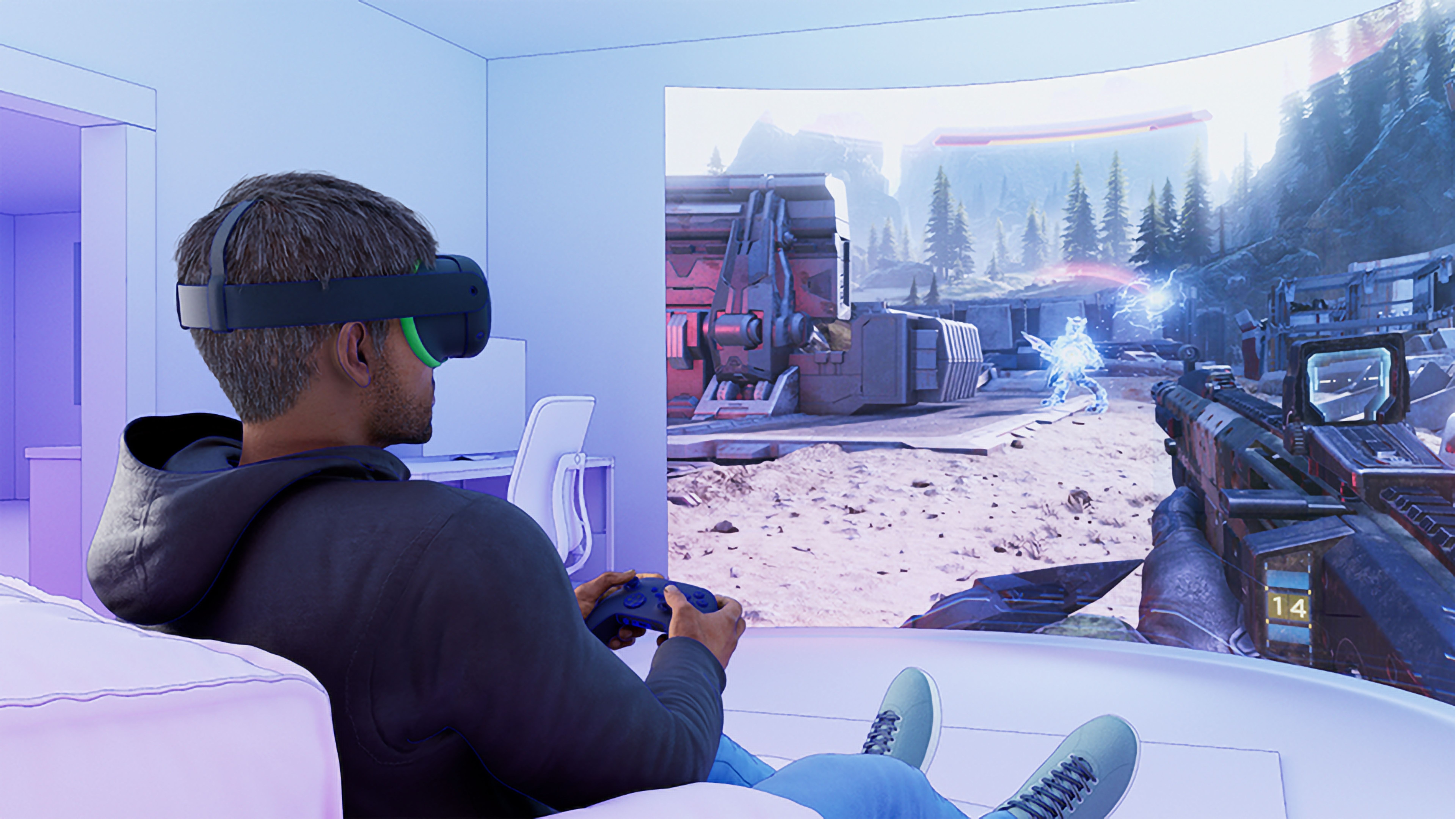 Meta's visualization of a mixed reality headset being used to play streamed Xbox games.