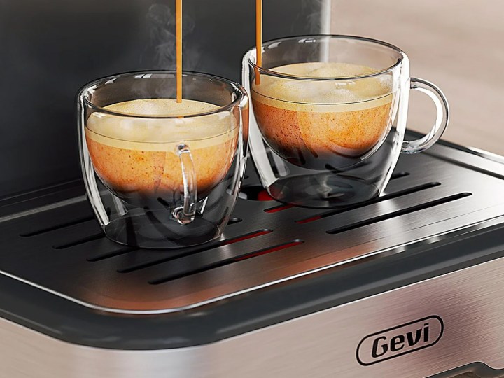 Close up of the Gevi espresso machine making two cups of espresso.