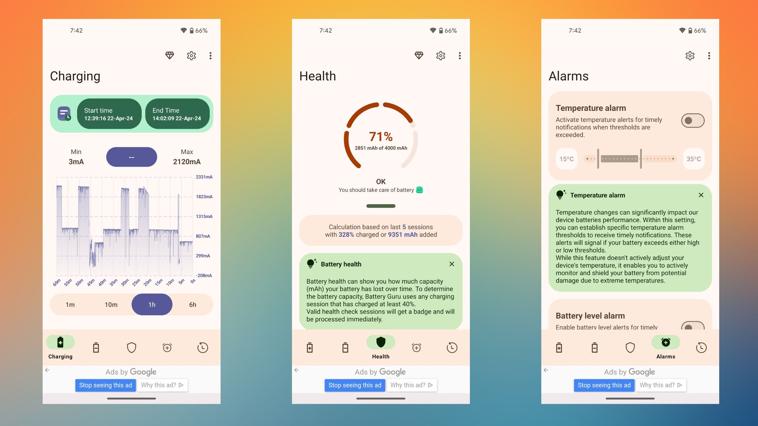 Screenshots of the Battery Guru app