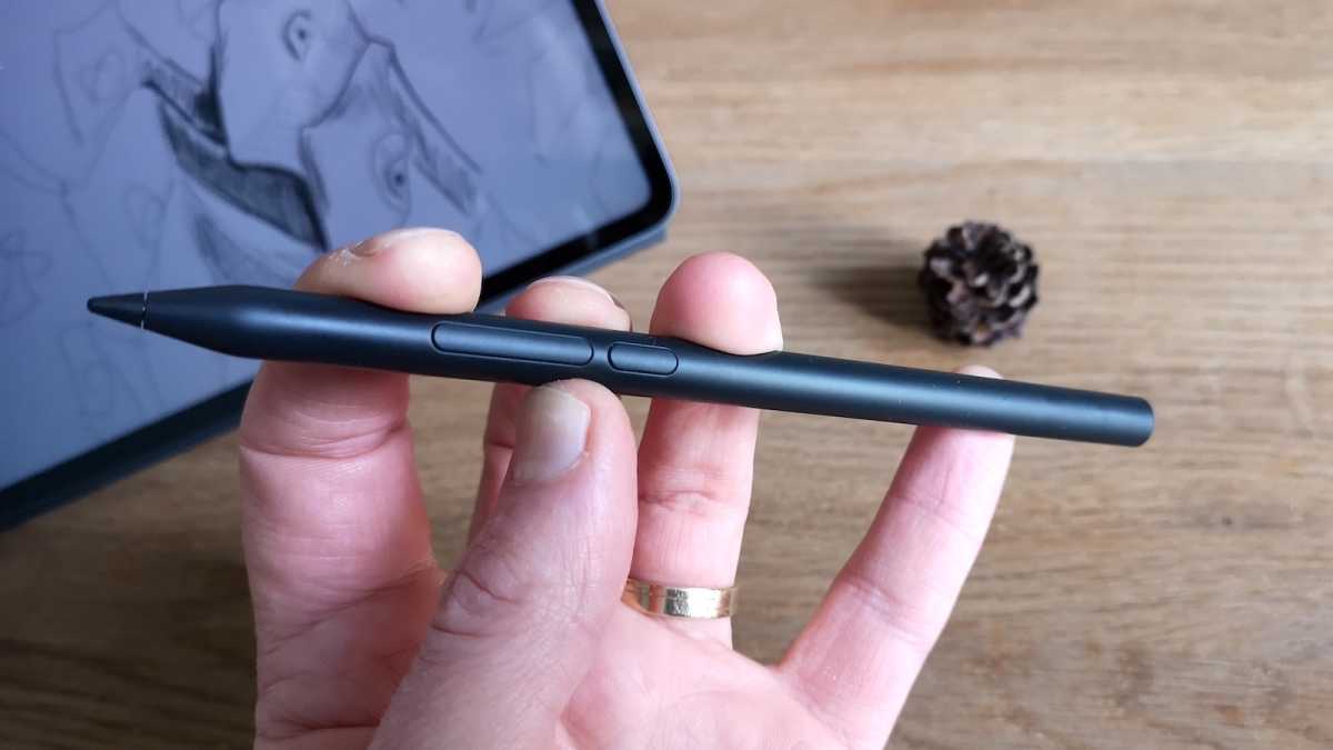 A close-up of the Focus Pen stylus, focusing on the three buttons