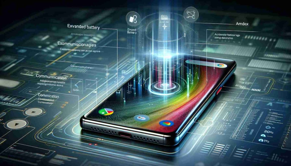 An imaginary high-definition, realistic-looking image of a conceptual new smartphone model called 'Android 15' showcasing its advanced features. The phone should have a sleek design, optimized for smooth user experience. The focus should be on its advanced battery, implying extended battery life and efficient power management, and communication features showing cutting-edge data transfer technologies. The smartphone's screen should display vibrant graphics indicative of high-performance, while it sits against a tech-inspired background.