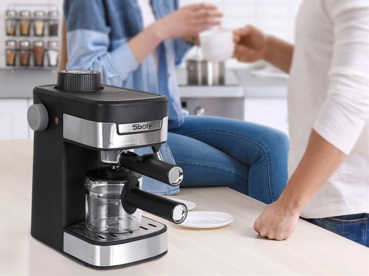 The Sboly coffee maker and espresso machine on a kitchen counter.