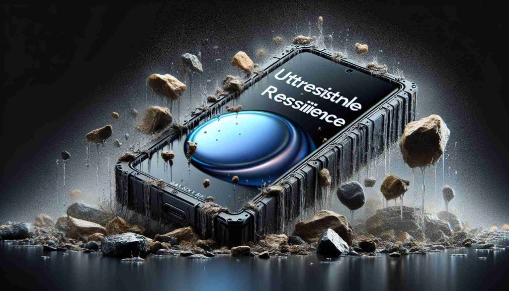 Realistic, high-definition photo of a ultra-resistant smartphone, given the narrative name 'Galaxy Xcover 7'. Its impressive build signifies a redefinition of resilience in the realm of mobile technology.