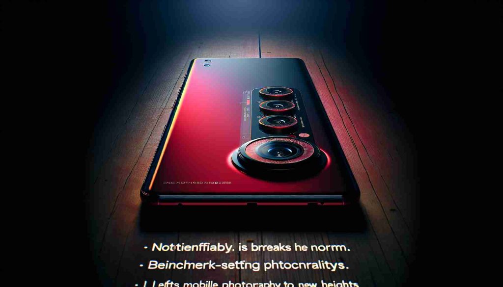 A photo-realistic image of an unidentified modern, high-tech smartphone featuring a distinctive red hue and advanced camera technology. The device boasts state-of-the-art features with a superior camera that is praised for its benchmark-setting photo capabilities. Noticeably, the smartphone breaks the norm and lifts mobile photography to new heights. The entire setup exudes an air of sophistication and advancement.
