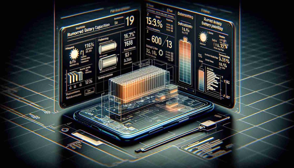 High-definition digital illustration portraying a detailed analysis of rumored battery capacities for an imagined futuristic smartphone model, labeled as 'Phone 16'. Include the visual representation of the phone with a schematic display of its battery and statistical data and charts showing the potential battery capacities in comparison to the current models. The general style should be clean and professional, similar to a tech review or journalistic exposé.