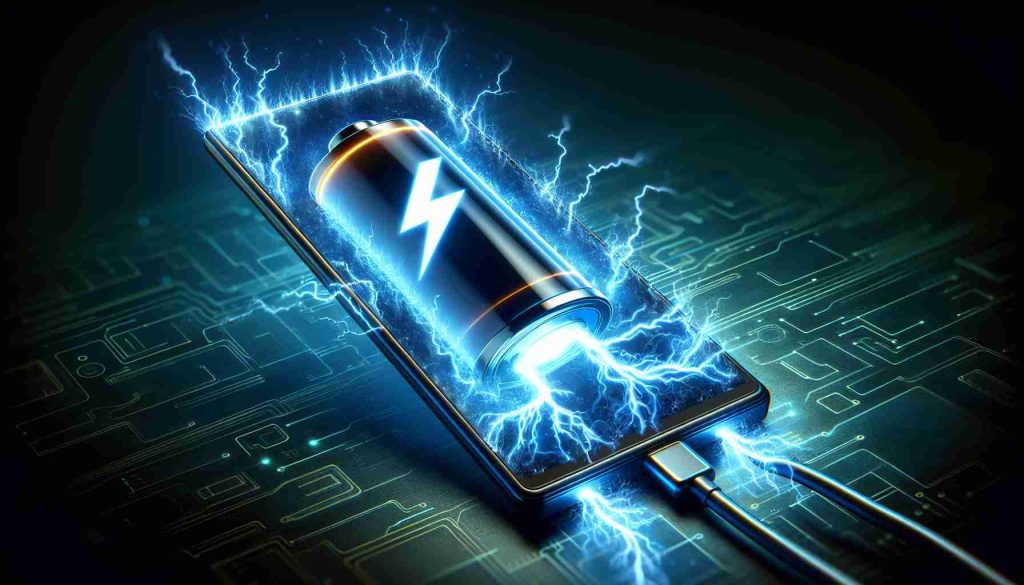 A highly detailed and realistic image depicting the concept of a solid-state revolution supercharging a smartphone. The image represents the electrifying potential of solid state technology, possibly illustrating a battery symbol on the screen of the smartphone glowing with electricity bolts. The said smartphone should look modern and sleek, emitting a vivid aura of energy, signalling advanced technology.