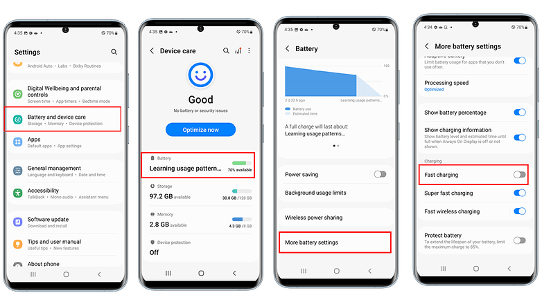 Screenshots showing how to activate Fast Charging on a Samsung smartphone